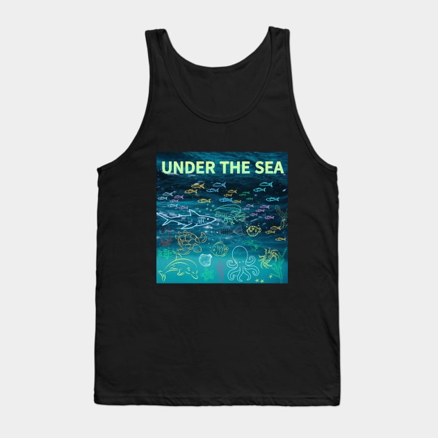 under the sea,blue sea,sea creatures,Turtle, puffer fish, starfish, shrimp, shark, tropical fish, sea horse, seaweed, sardines, squid, crabs, clams Tank Top by zzzozzo